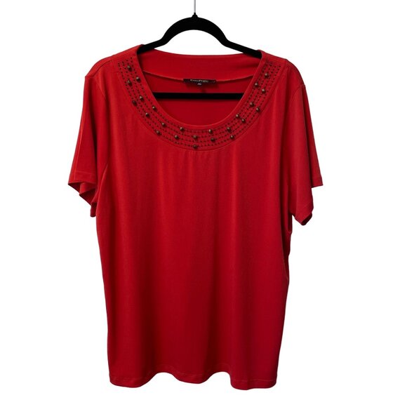 EVAN PICONE BLOUSE BEADED LIGHTWEIGHT SOFT STRETCH SHORT SLEEVE ORANGE SIZE 2X - Picture 1 of 6